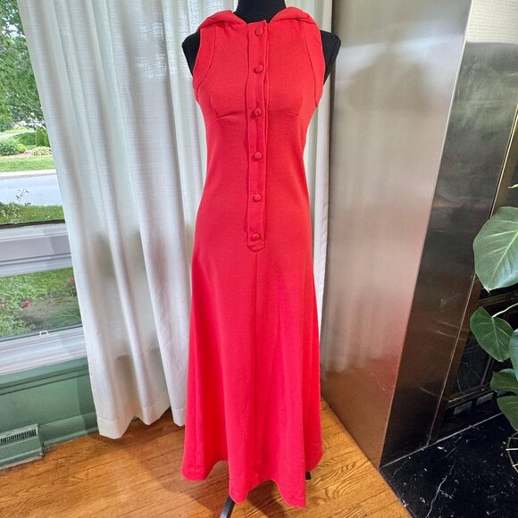Vintage 1960s maxi dress, warm cherry red, Mod minimalist, hooded gown - Picture 1 of 9